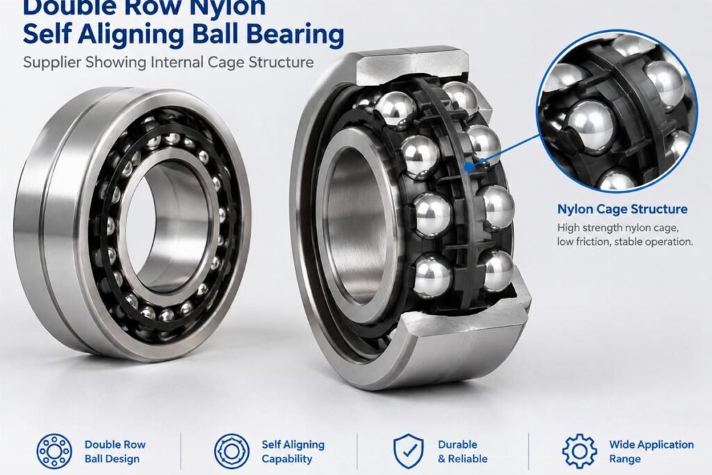Double row nylon self aligning ball bearing supplier showing internal cage structure