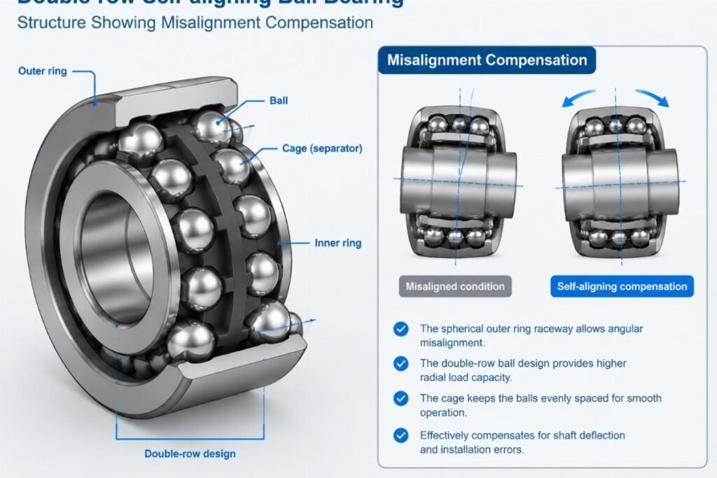 Double-row self-aligning ball bearing structure showing misalignment compensation