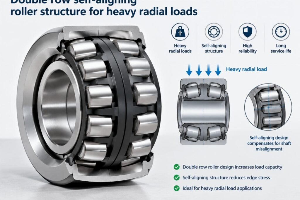 Double row self-aligning roller structure for heavy radial loads