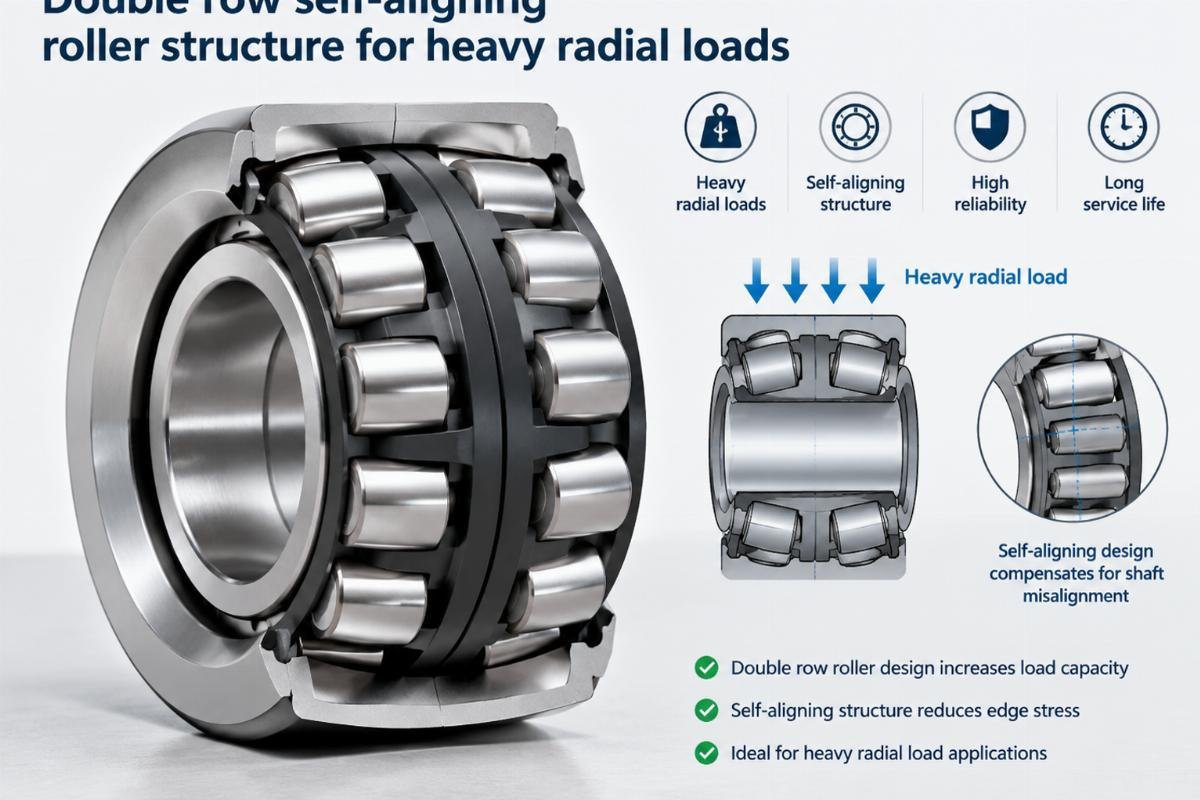 Double row self-aligning roller structure for heavy radial loads
