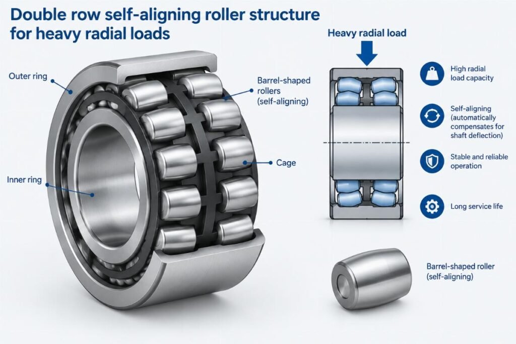 Double row self-aligning roller structure for heavy radial loads