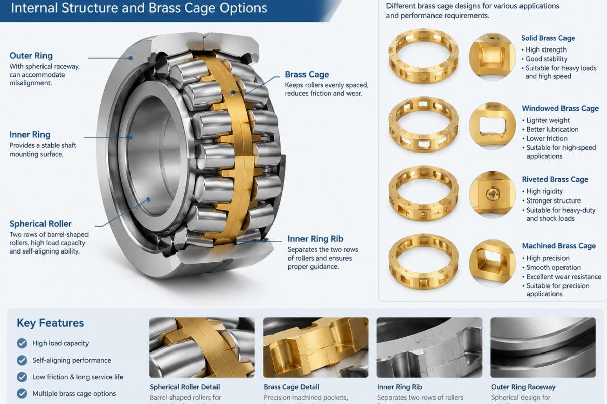 Double-row spherical roller bearing internal structure and brass cage options