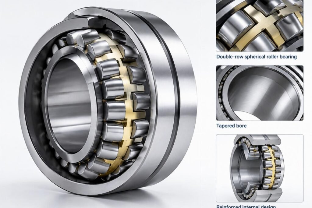 Double-row spherical roller bearing with tapered bore and reinforced internal design