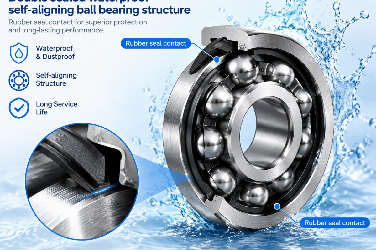 Double sealed waterproof self-aligning ball bearing structure showing rubber seal contact