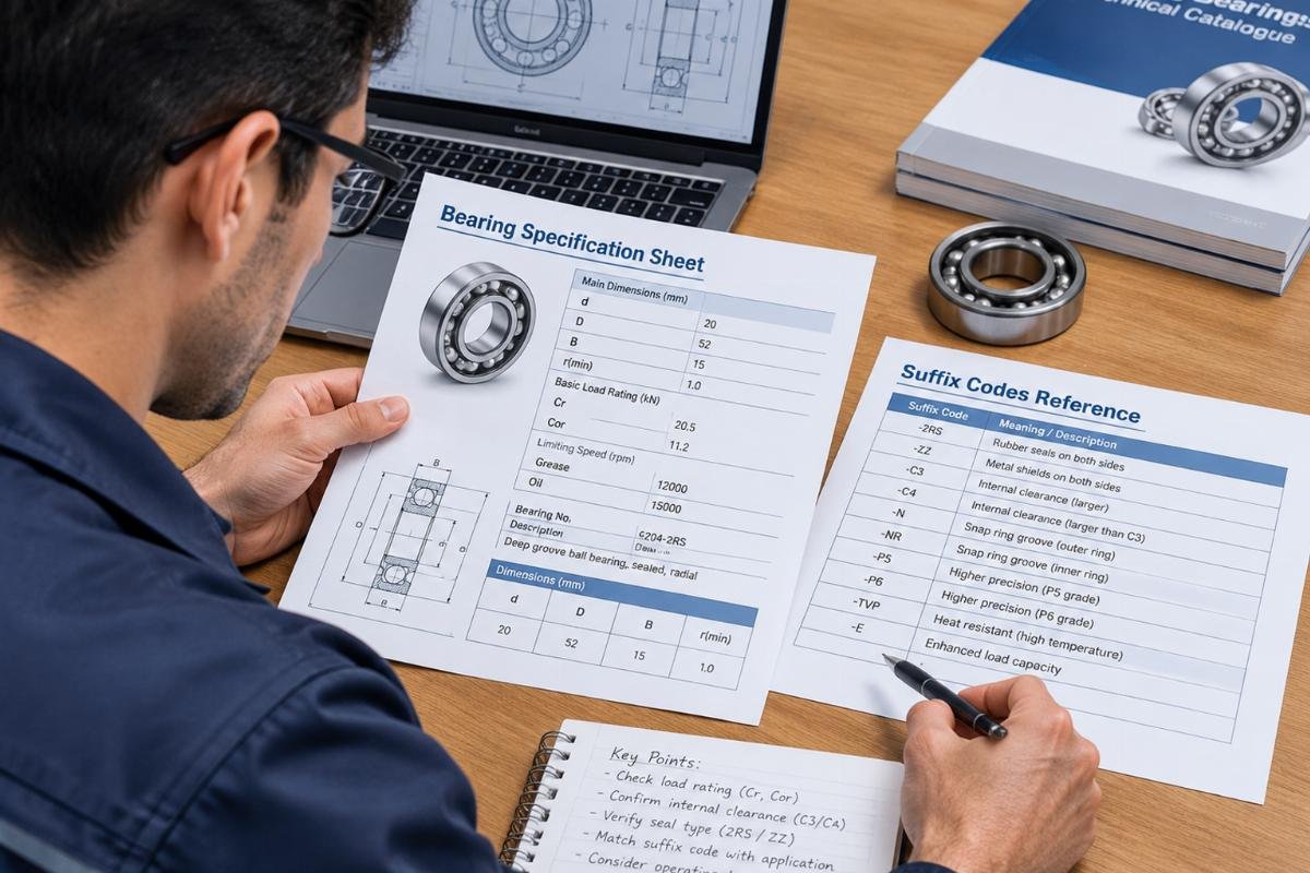 Engineer comparing detailed bearing specification sheets and suffix codes on a desk