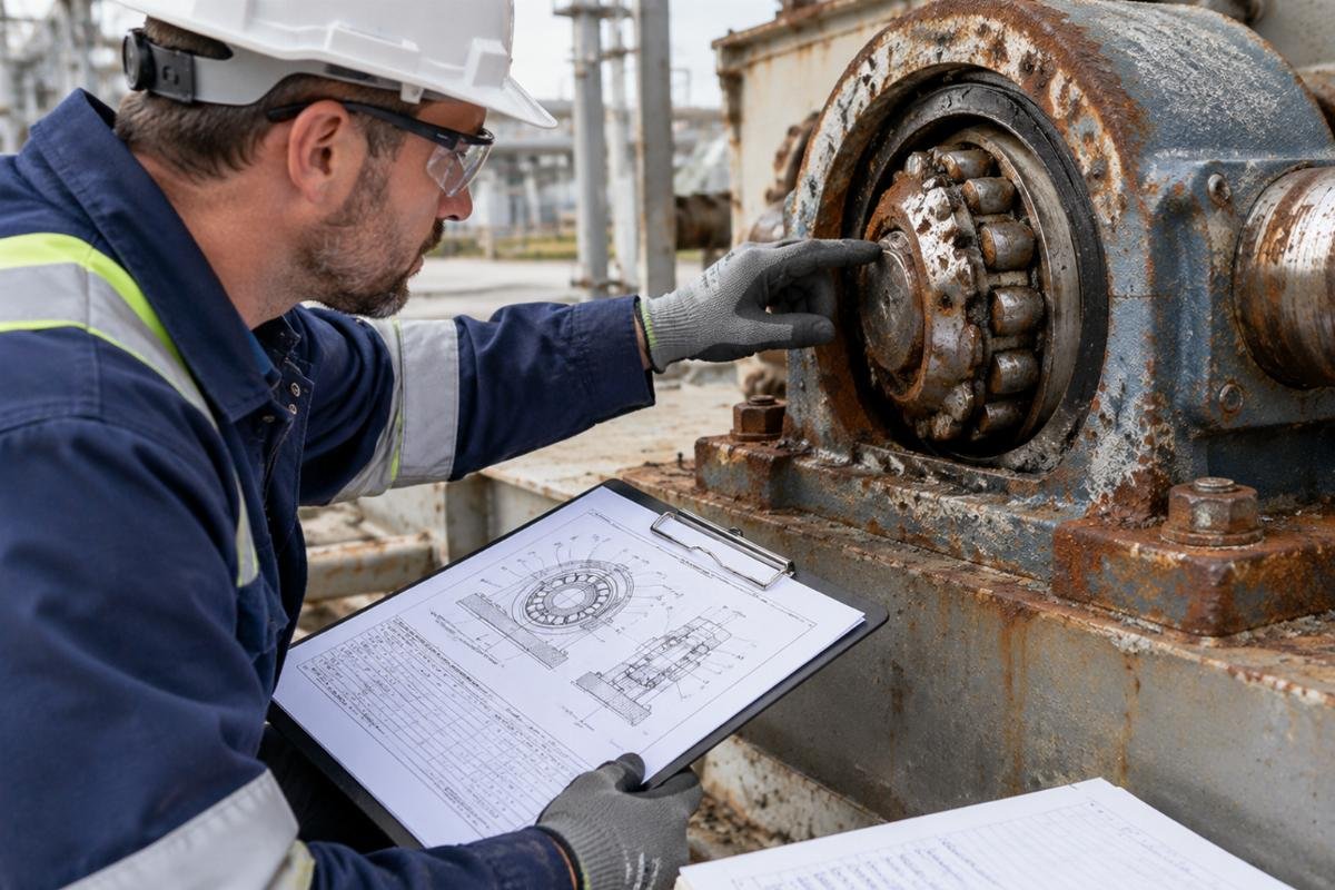 Engineer inspecting a corroded bearing assembly on site with technical documentation