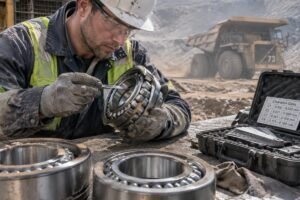 Engineer inspecting spherical roller bearings in a dusty mining environment to determine correct clearance class
