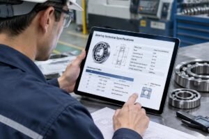 Engineer reviewing bearing technical specifications and clearance codes on a tablet in an industrial setting