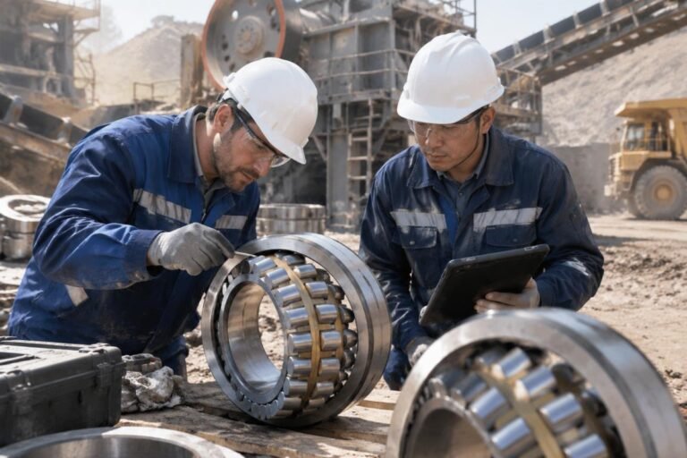 Engineers inspecting spherical roller bearings for mining crushers in a dusty maintenance yard