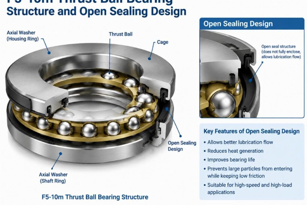 F5-10m thrust ball bearing structure and open sealing design