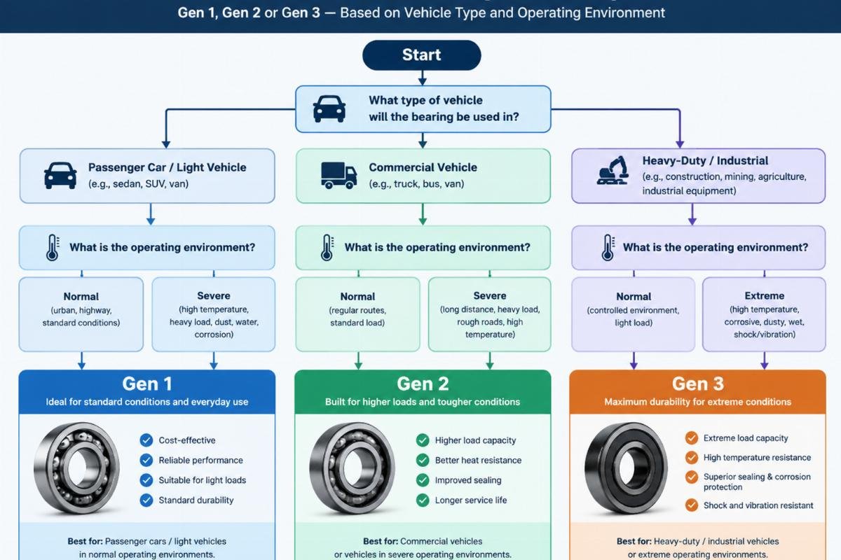 Flowchart guiding the selection of Gen 1, Gen 2, or Gen 3 bearings based on vehicle type and operating environment