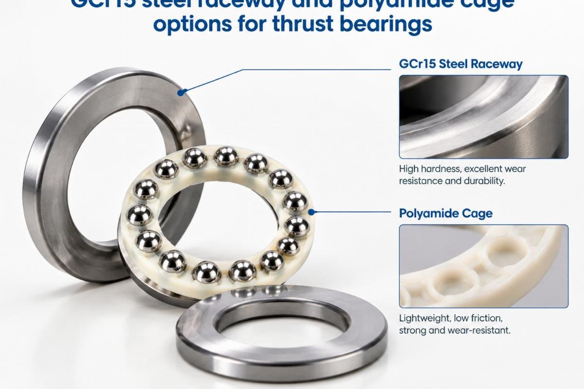 GCr15 steel raceway and polyamide cage options for thrust bearings