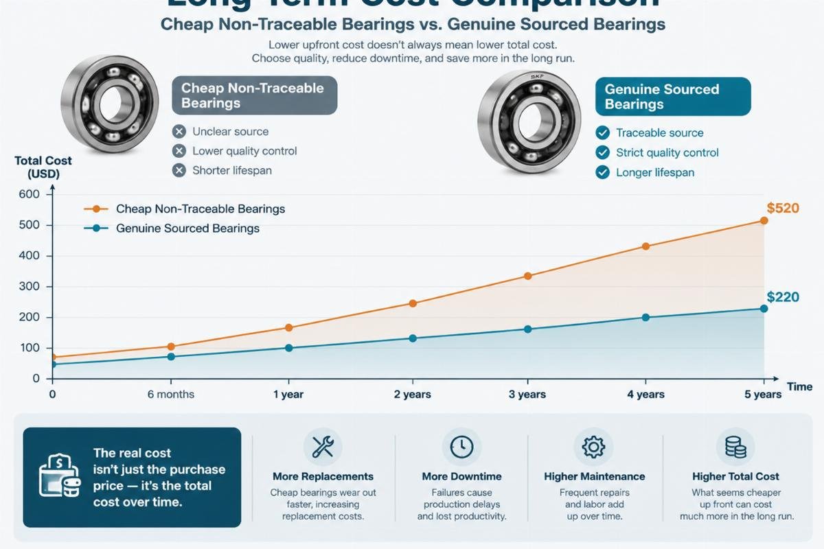 Graph illustrating long-term cost comparison between cheap non-traceable bearings and genuine sourced bearings