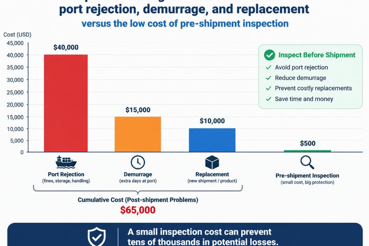 Graph illustrating the cumulative costs of port rejection, demurrage, and replacement versus the low cost of pre-shipment inspection