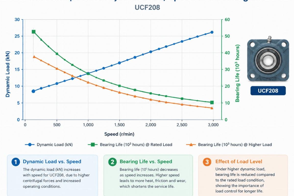 Graph illustrating the relationship between dynamic load, speed, and bearing life for UCF208