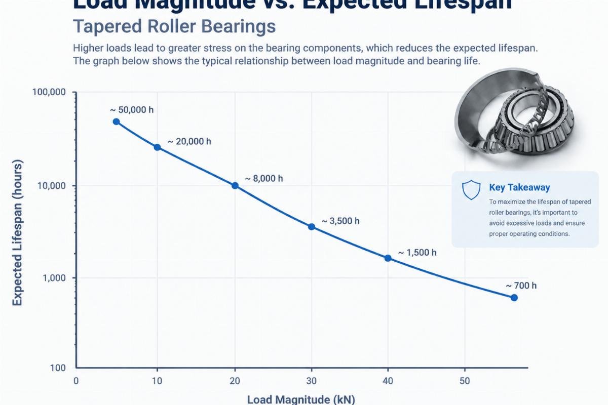 Graph illustrating the relationship between load magnitude and expected lifespan for tapered roller bearings