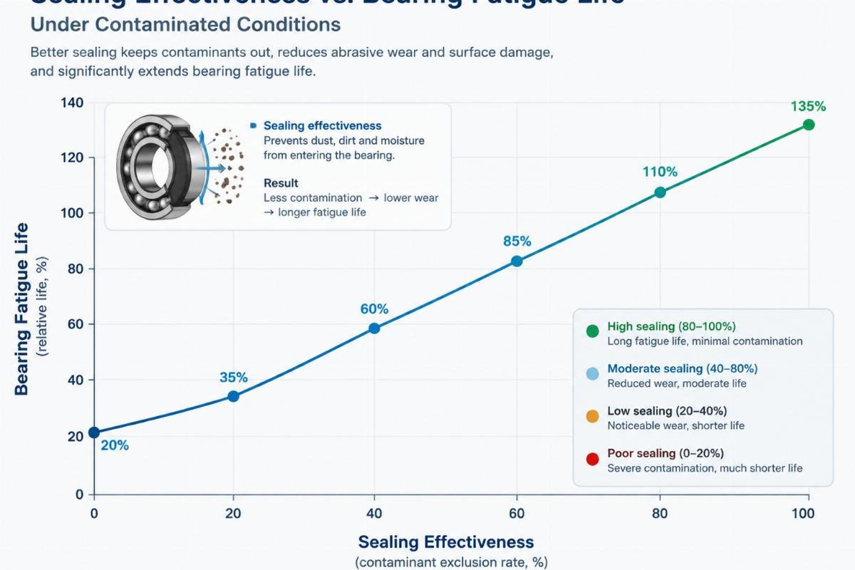 Graph illustrating the relationship between sealing effectiveness and bearing fatigue life under contaminated conditions