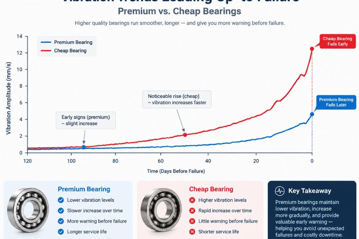 Graph illustrating vibration trends leading up to failure for premium versus cheap bearings