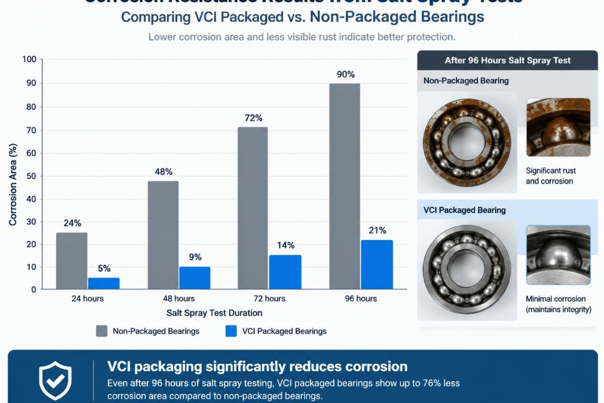 Graph showing corrosion resistance results from salt spray tests comparing VCI packaged vs non-packaged bearings