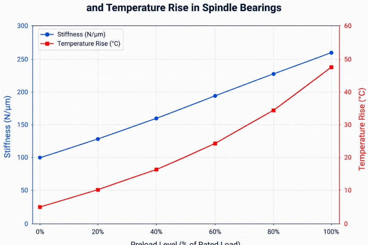 Graph showing the relationship between preload level, stiffness, and temperature rise in spindle bearings