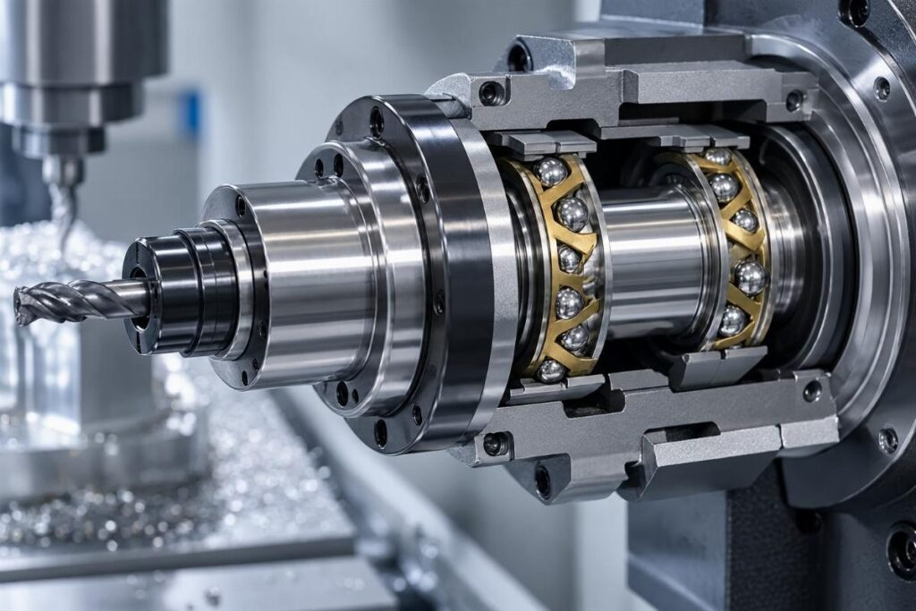 High-speed machine tool spindle equipped with precision angular contact components