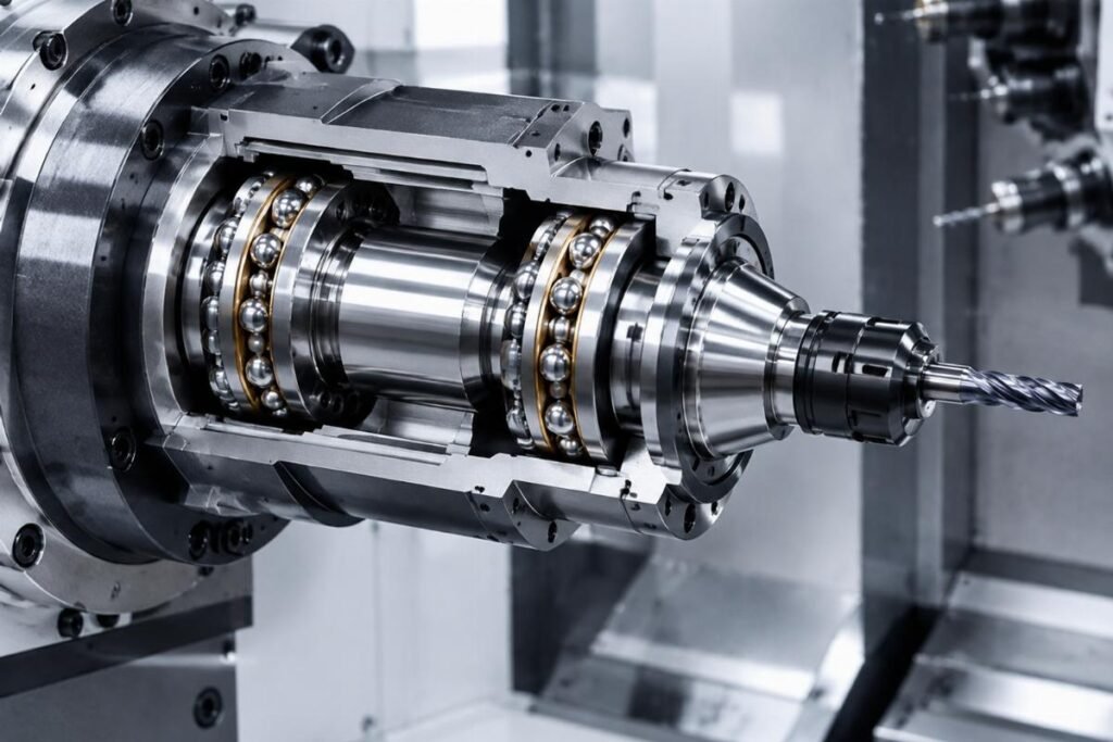 High-speed machine tool spindle equipped with precision angular contact components