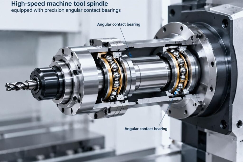 High-speed machine tool spindle equipped with precision angular contact bearings