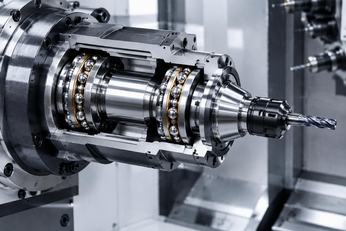 High-speed machine tool spindle equipped with precision angular contact components