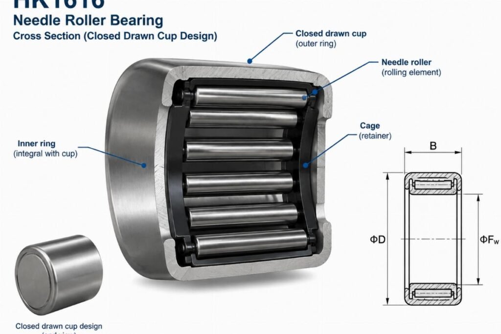 HK1616 needle roller bearing cross section showing closed drawn cup design