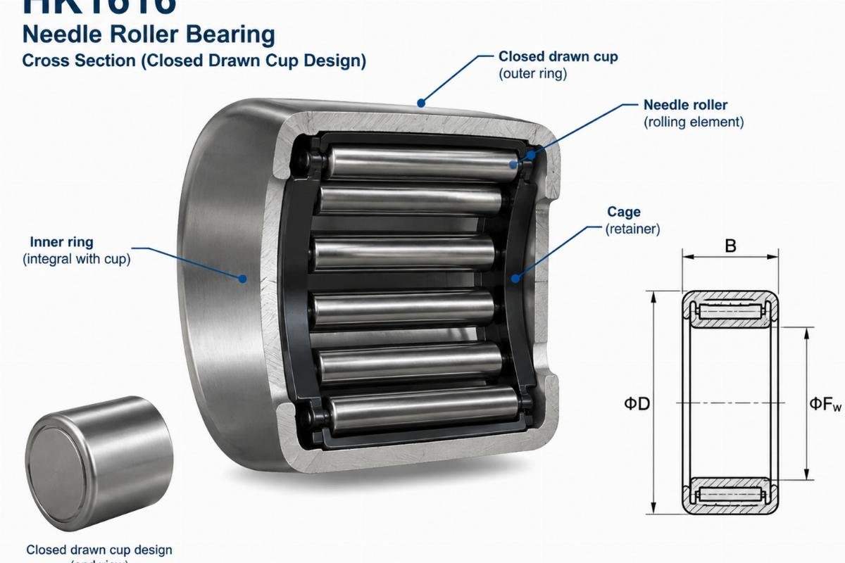 HK1616 needle roller bearing cross section showing closed drawn cup design