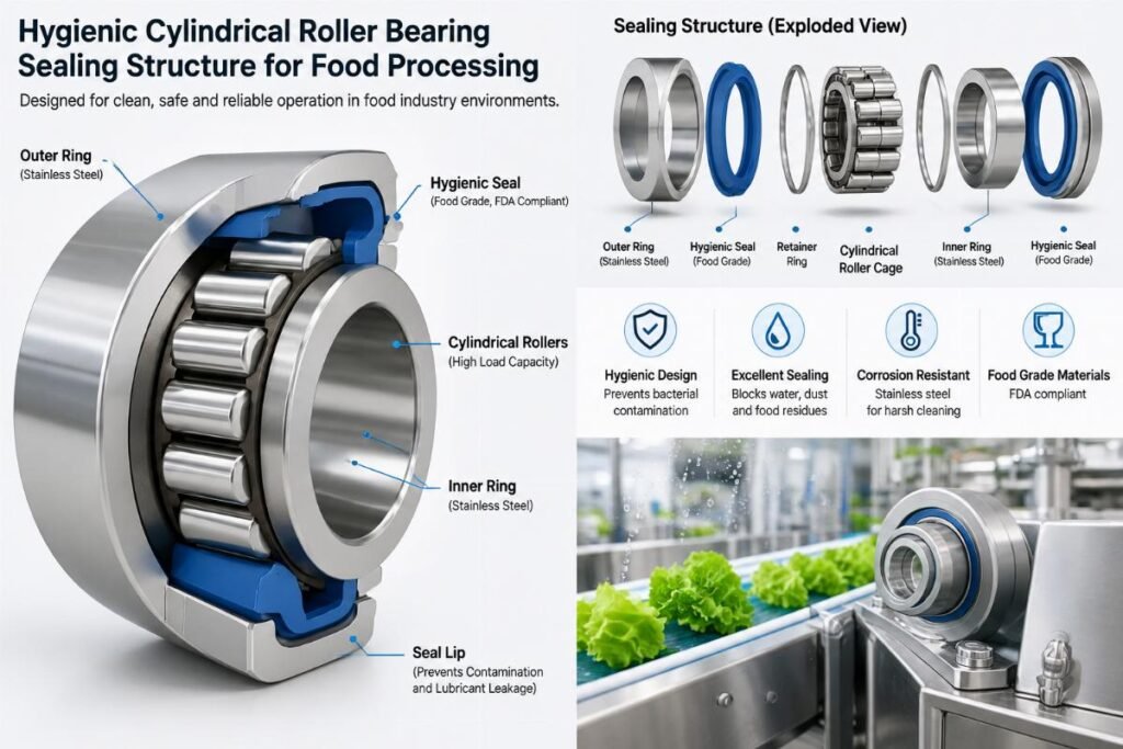 Hygienic cylindrical roller bearing sealing structure for food processing
