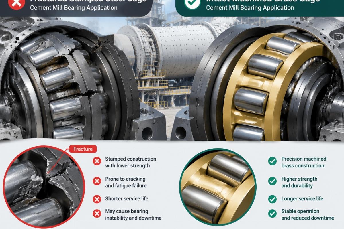 Illustration comparing a fractured stamped steel cage versus an intact machined brass cage in a cement mill bearing application