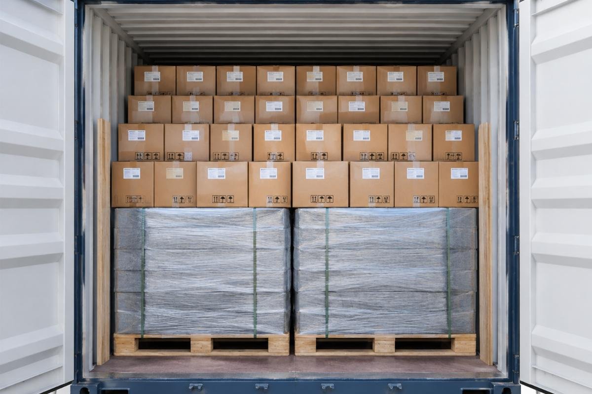 Illustration of a shipping container interior showing heavy pallets at the bottom and lighter boxes stacked securely on top