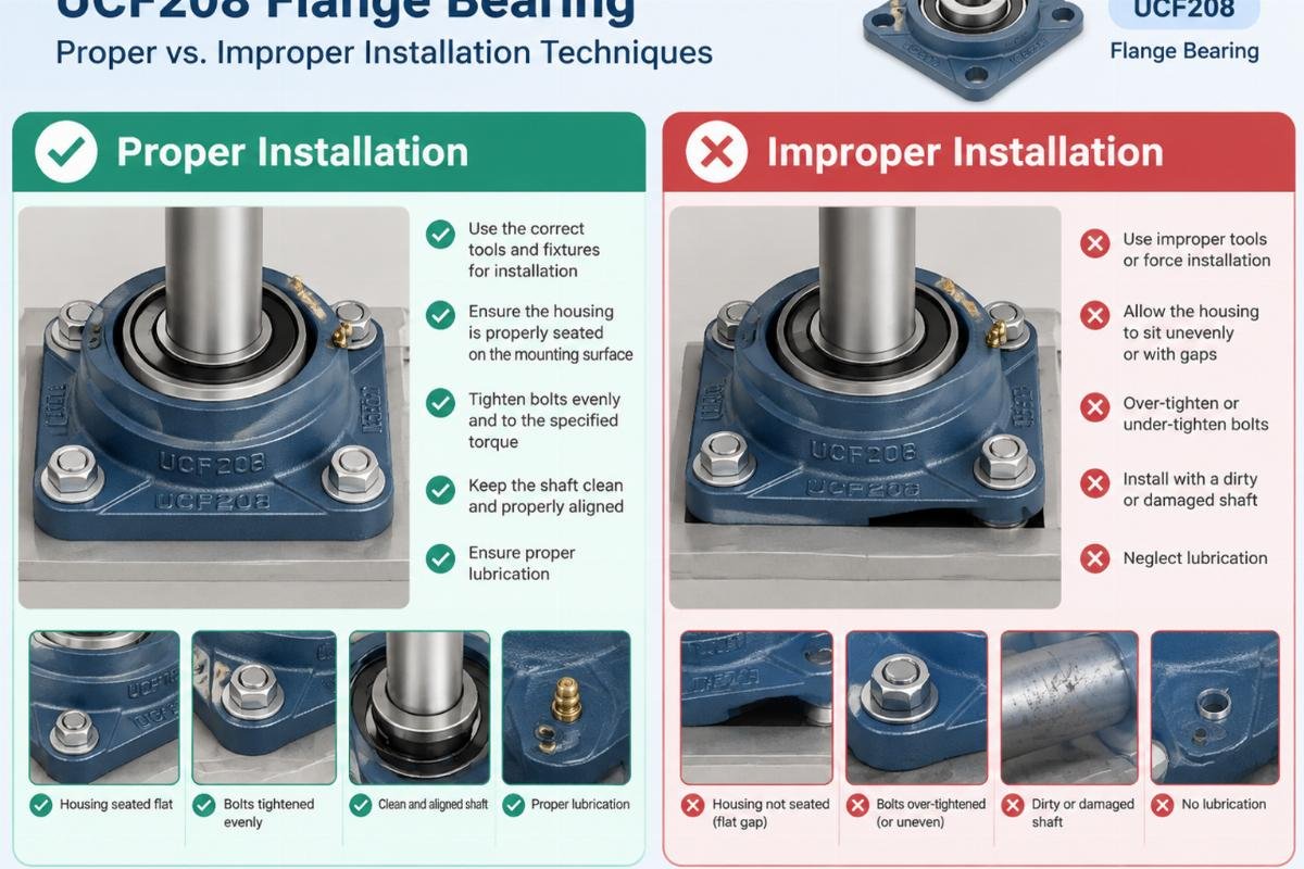 Illustration of proper vs. improper installation techniques for UCF208 flange bearings
