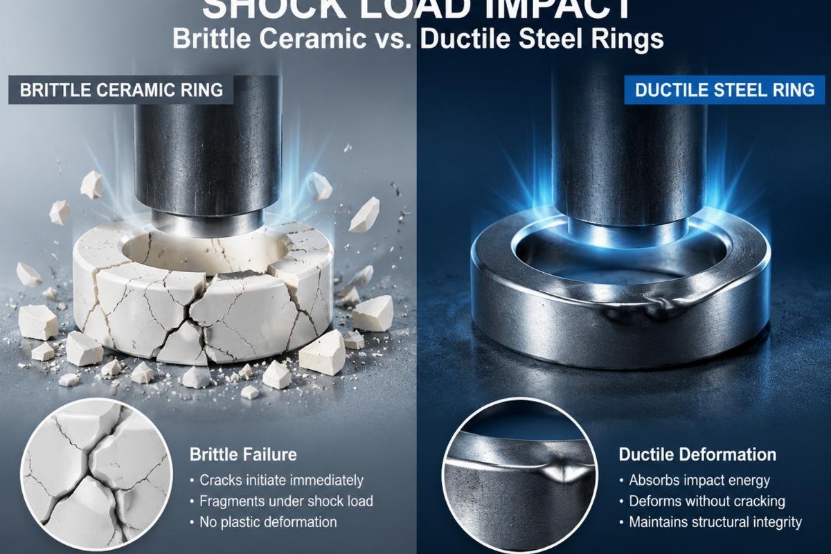 Illustration of shock load impact on brittle ceramic vs ductile steel rings