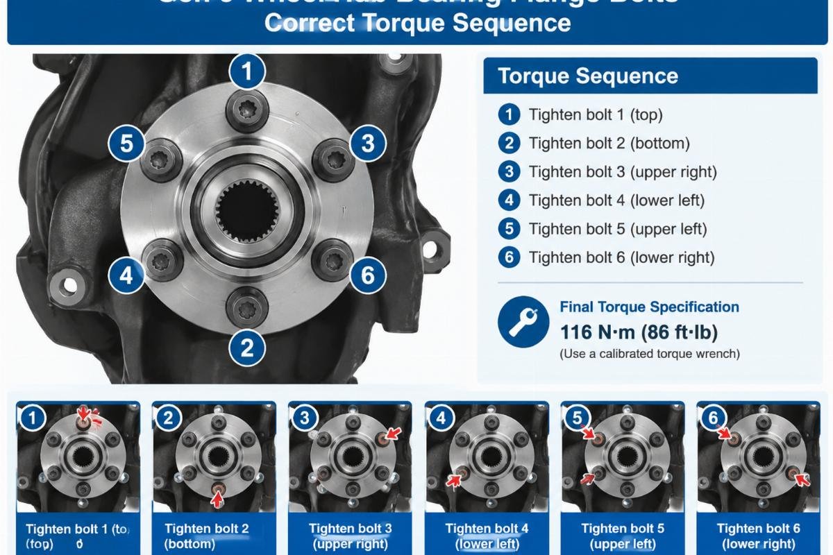 Illustration showing the correct torque sequence for Gen 3 wheel hub bearing flange bolts