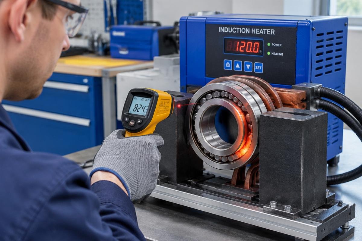 Image of a technician using a handheld infrared thermometer to check the temperature of a bearing on an induction heater