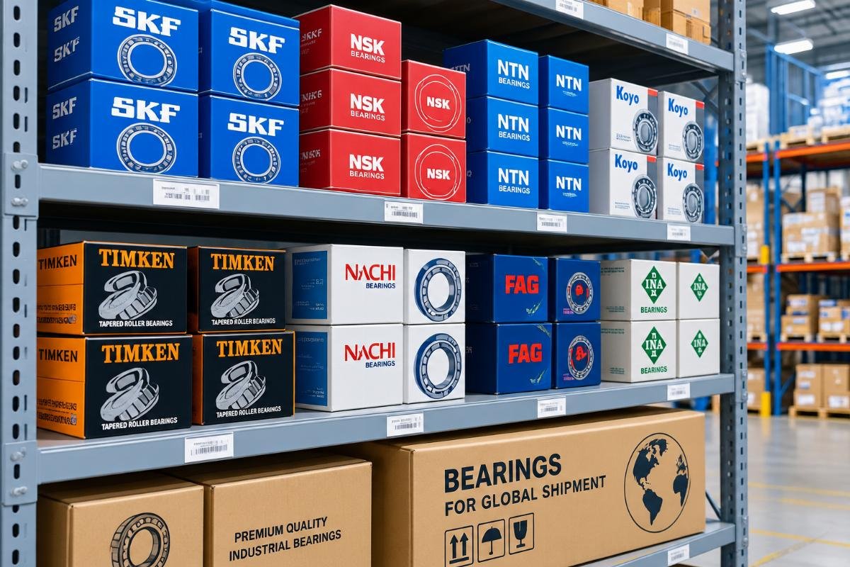 Image of a well-organized warehouse shelf displaying various branded bearing boxes ready for global shipment to industrial clients