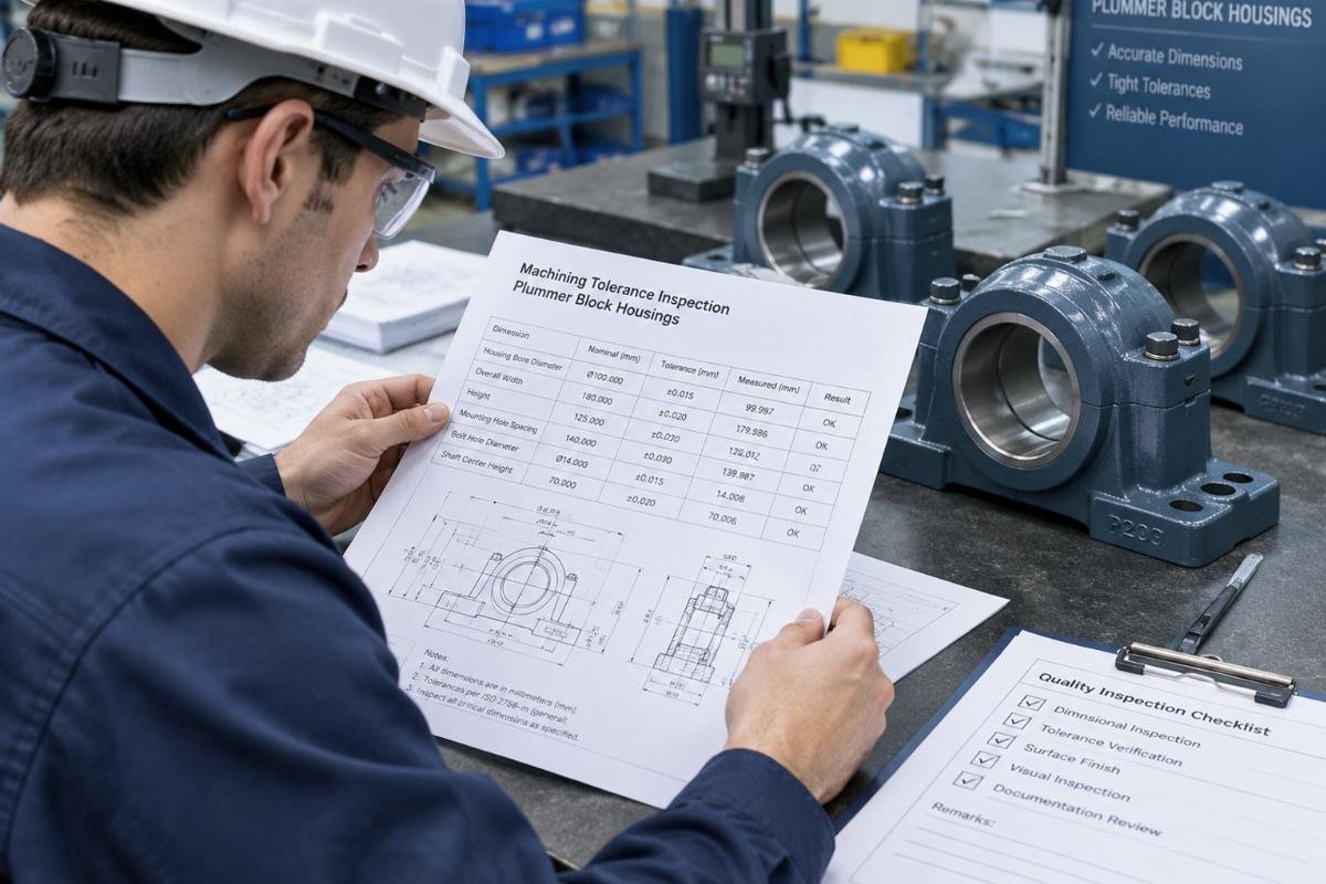 Inspector reviewing machining tolerance documentation for plummer block housings