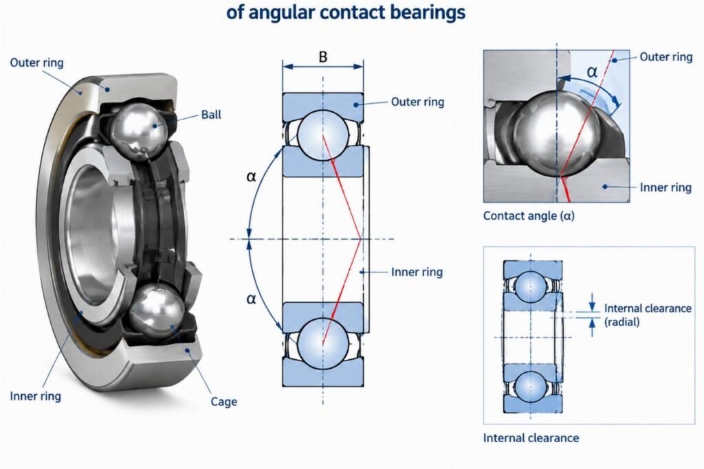 Internal clearance and contact angle geometry of angular contact bearings