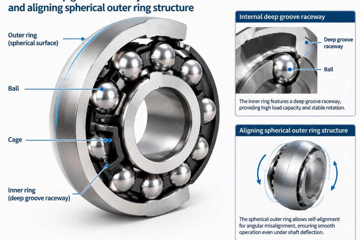Internal deep groove raceway and aligning spherical outer ring structure
