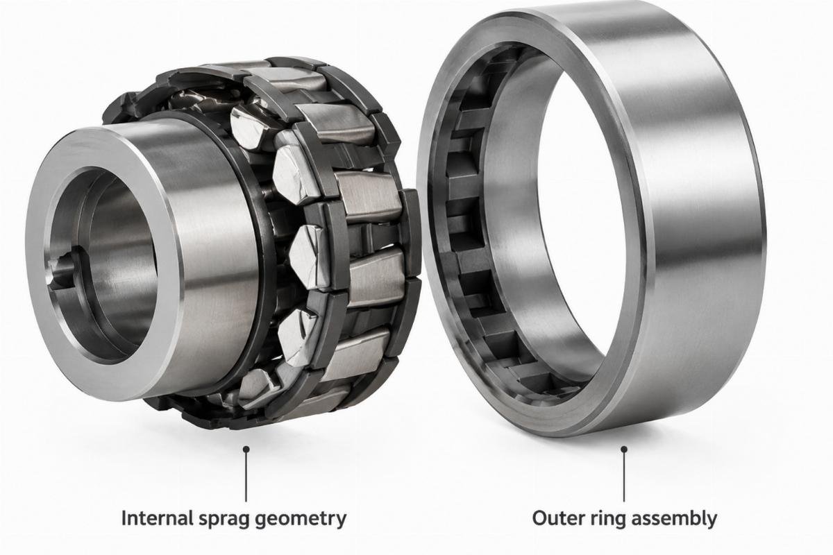 Internal sprag geometry and outer ring assembly