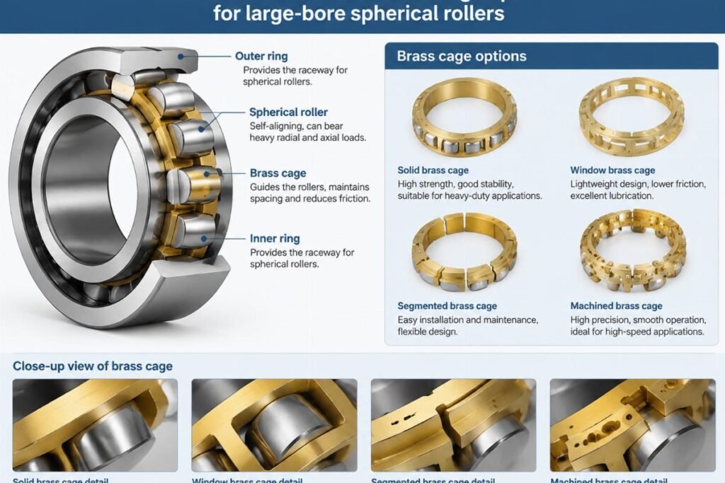 Internal structure and brass cage options for large-bore spherical rollers