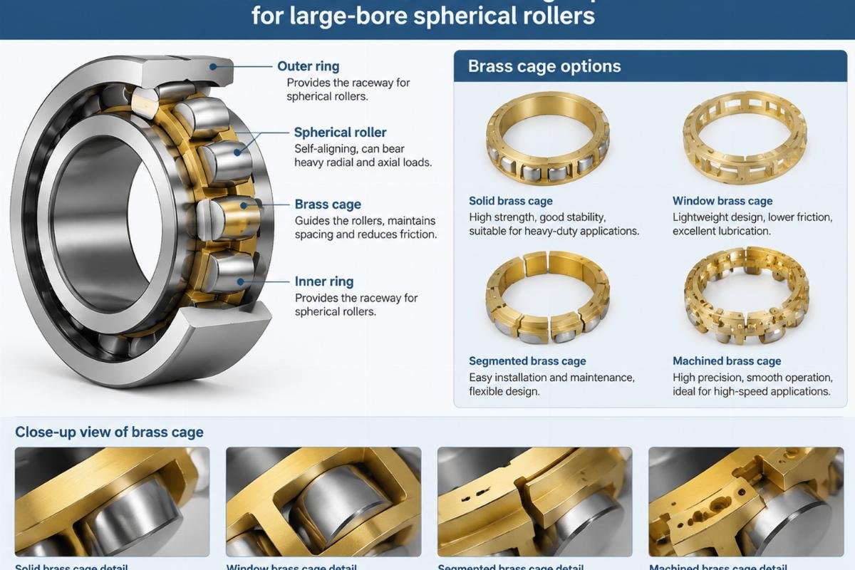 Internal structure and brass cage options for large-bore spherical rollers