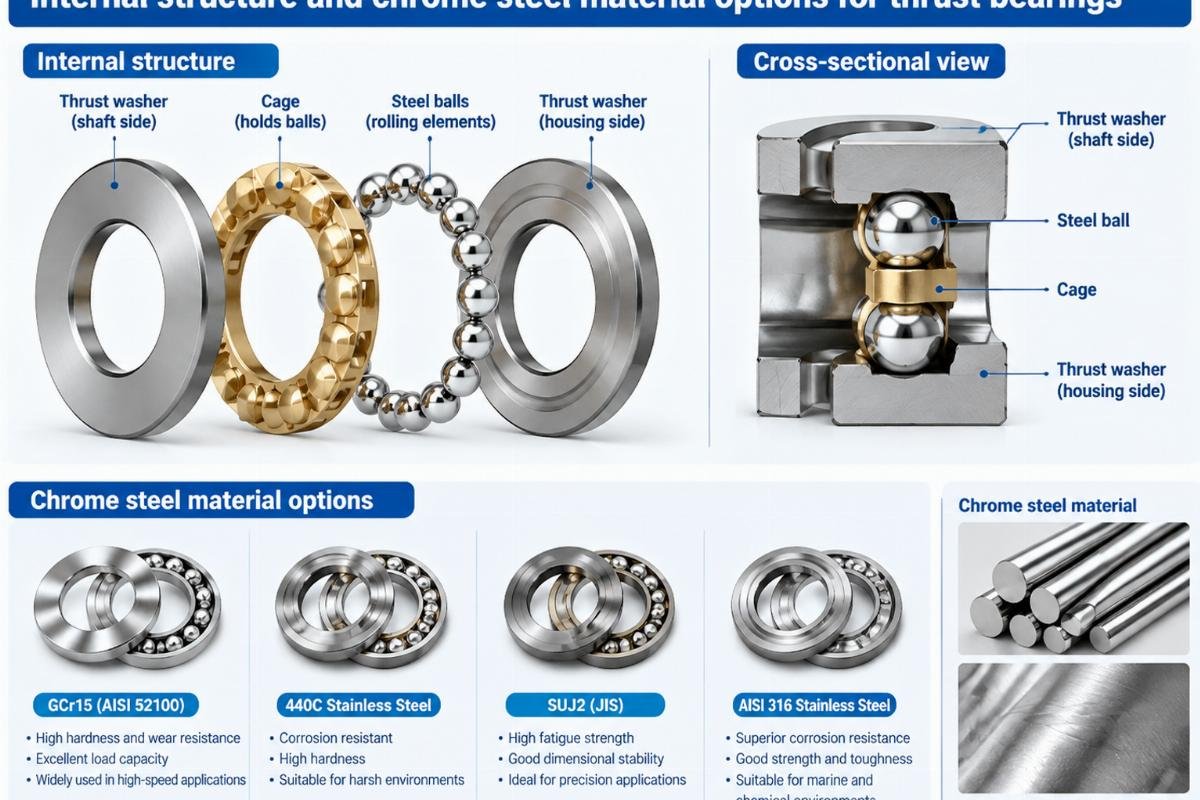 Internal structure and chrome steel material options for thrust bearings