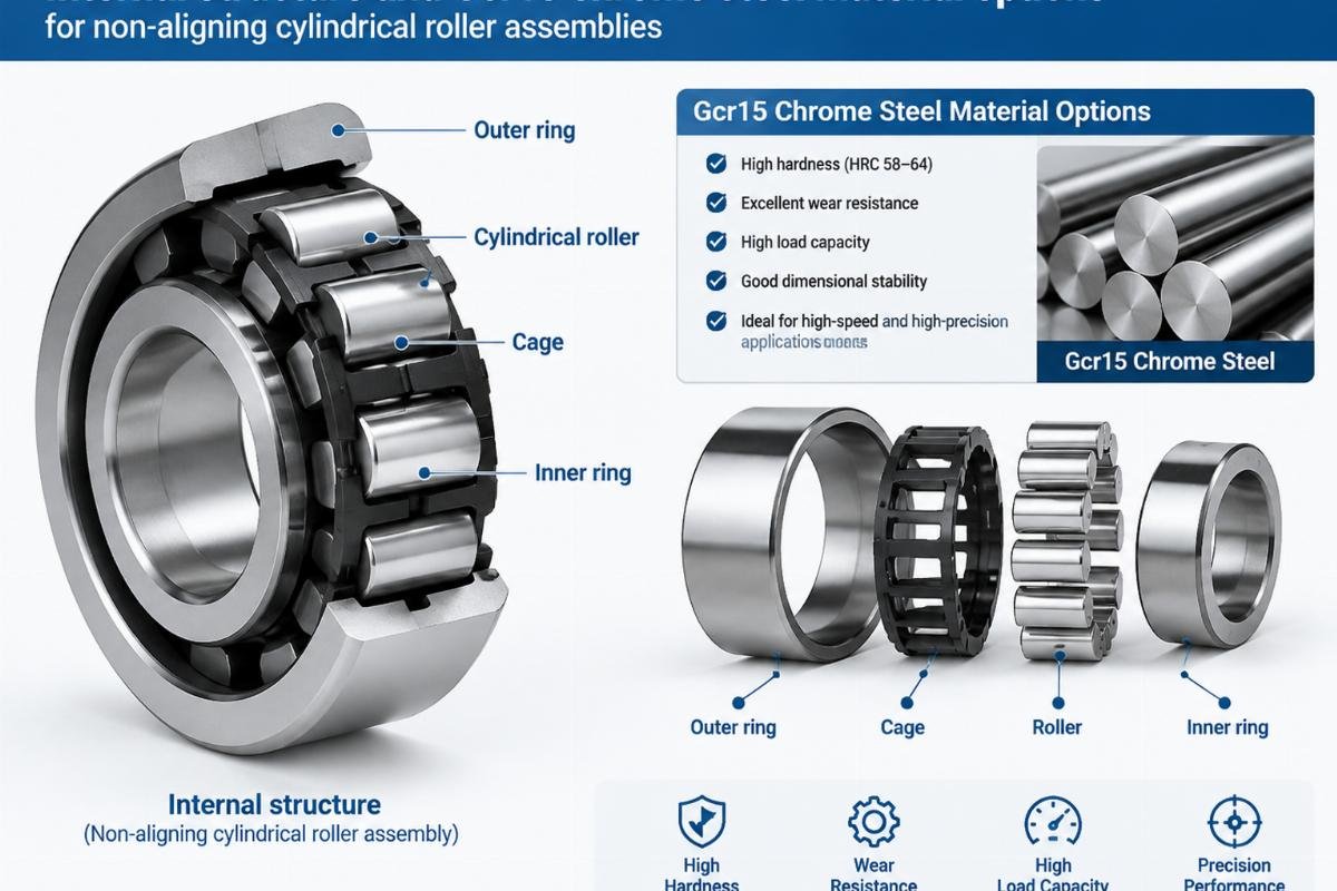Internal structure and Gcr15 chrome steel material options for non-aligning cylindrical roller assemblies