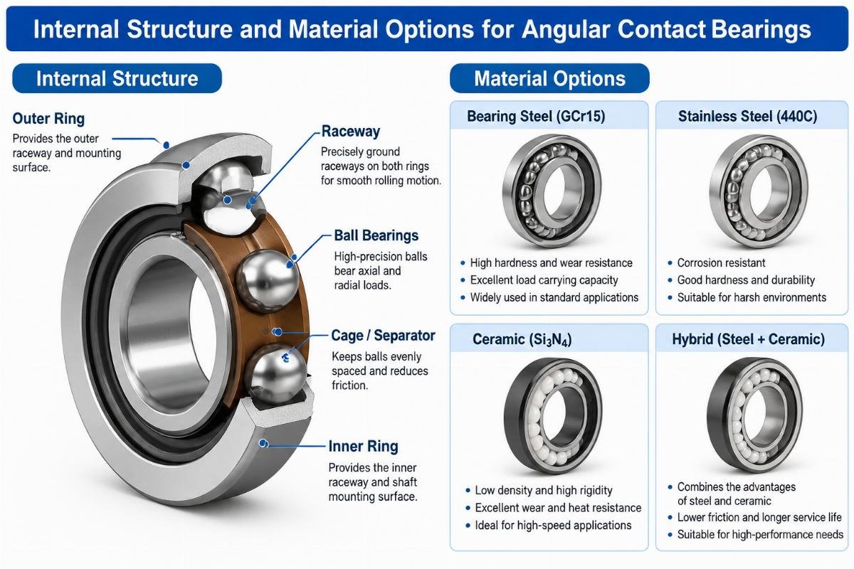 Internal structure and material options for angular contact bearings