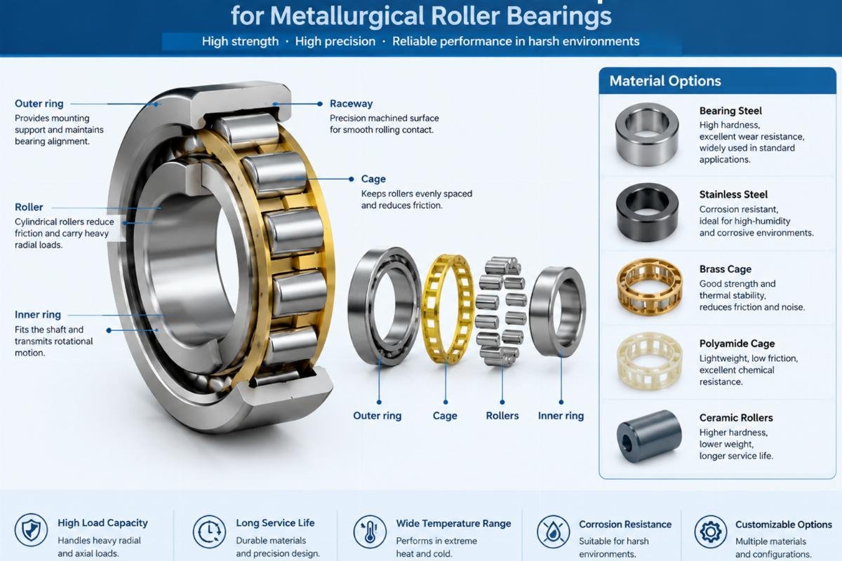 Internal structure and material options for metallurgical roller bearings
