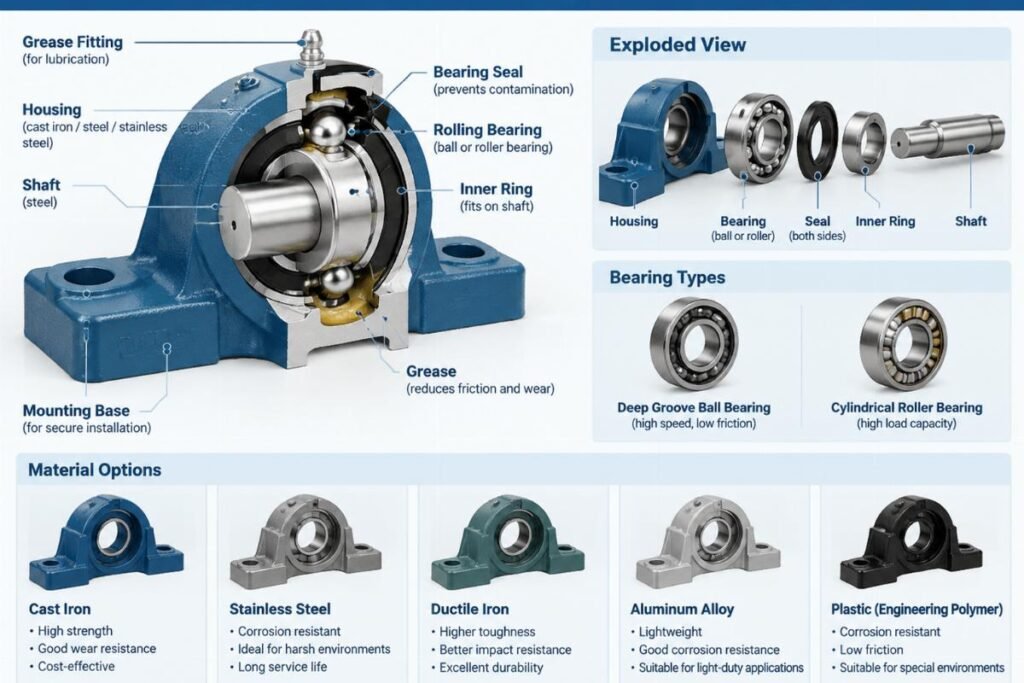 Internal structure and material options for pillow block bearing assemblies