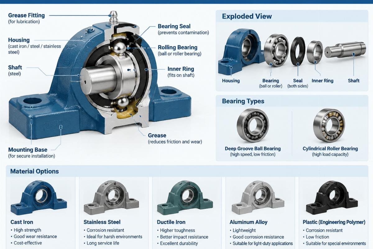 Internal structure and material options for pillow block bearing assemblies
